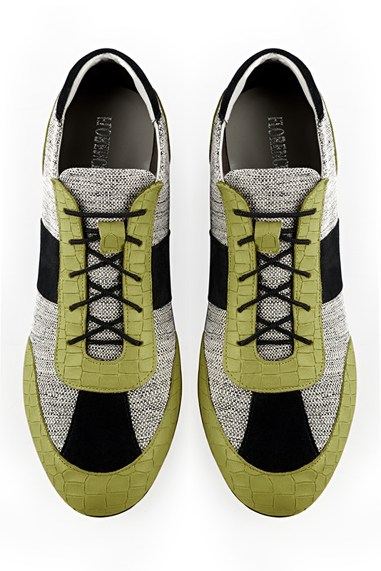 Pistachio green, ash grey and matt black three-tone dress sneakers for men. Round toe. Flat rubber soles. Top view - Florence KOOIJMAN